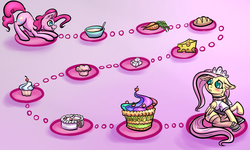 Size: 2560x1536 | Tagged: safe, artist:countaile, derpibooru exclusive, fluttershy, pinkie pie, earth pony, pegasus, pony, bell, bell collar, blushing, cake, carrot, cheese, clothes, collar, crouching, cupcake, ear fluff, face down ass up, female, floppy ears, food, frown, grin, implied flutterpie, implied lesbian, implied shipping, looking back, maid, mare, muffin, sitting, smiling, soup, sugarcube