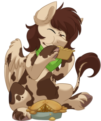 Size: 1000x1200 | Tagged: safe, artist:itstaylor-made, oc, oc only, oc:kie dough, pegasus, pony, eating, food, male, pie, simple background, sitting, solo, spots, stallion, transparent background