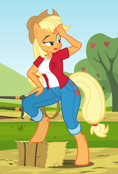Size: 635x937 | Tagged: safe, artist:flash equestria photography, applejack, anthro, unguligrade anthro, g4, clothes, cowboy hat, female, hat, hay bale, jeans, looking back, pants, pose, rope, show accurate, show accurate anthro, solo