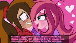 Size: 1024x576 | Tagged: safe, artist:wubcakeva, oc, oc only, oc:contralto, oc:cupcake slash, equestria girls, g4, adorasexy, bedroom eyes, blushing, chin hold, clothes, cute, dialogue, disguised siren, female, gay panic, giggling, hand on chin, heart, hoodie, imminent pissing, implied adagio dazzle, in love, lesbian, looking at each other, lustful, mischievous, oc x oc, ocbetes, ponytail, sexy, sexy face, shipping, smiling, sultry, sweater, this will end in journey to the bathroom