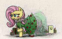 Size: 551x349 | Tagged: safe, artist:hewison, fluttershy, pony, g4, blushing, christmas, clothes, dress, female, fluttertree, looking down, solo