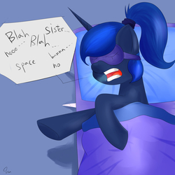 Size: 2500x2500 | Tagged: safe, artist:passigcamel, princess luna, pony, g4, bed, female, high res, sleep mask, sleep talking, sleeping, solo