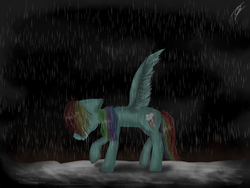 Size: 1024x768 | Tagged: safe, artist:theundertaleotaku, rainbow dash, pony, g4, backwards cutie mark, female, rain, sad, solo