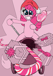 Size: 1409x2013 | Tagged: safe, artist:akayuki, pinkie pie, pony, g4, candy, candy cane, female, food, hat, lollipop, offscreen character, party cannon, pov, present, santa hat, smiling, solo