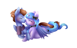 Size: 4800x3000 | Tagged: safe, artist:scarlet-spectrum, oc, oc only, pegasus, pony, unicorn, boop, commission, cuddling, eyes closed, glasses, high res, intertwined tails, male, noseboop, oc x oc, shipping, simple background, snuggling, straight, transparent background