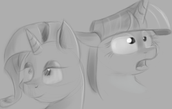 Size: 1280x812 | Tagged: safe, artist:itsthinking, rarity, twilight sparkle, g4, bust, floppy ears, monochrome, open mouth, portrait, smiling
