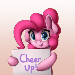 Size: 2000x2000 | Tagged: safe, artist:vanillaghosties, pinkie pie, earth pony, pony, g4, cute, diapinkes, ear fluff, female, floppy ears, gradient background, high res, hoof hold, looking at you, mare, open mouth, positive ponies, sign, smiling, solo