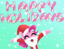 Size: 3400x2600 | Tagged: safe, artist:siggie740, pinkie pie, earth pony, pony, g4, clothes, costume, cute, female, happy, happy holidays, hat, high res, open mouth, raised hoof, santa costume, santa hat, solo
