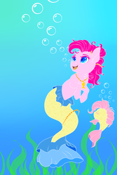 Size: 2834x4251 | Tagged: safe, artist:schokocream, fluttershy, pinkie pie, earth pony, fish, mermaid, merpony, pony, g4, ariel, bubble, duo, fishified, flounder (the little mermaid), floundershy, flutterfish, high res, jewelry, looking up, mermaidized, necklace, partiel, pinkie tales, species swap, the little mermaid, underwater