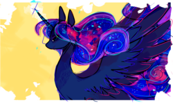 Size: 2181x1307 | Tagged: safe, artist:simpleoddities, princess luna, pony, g4, abstract background, female, missing accessory, solo