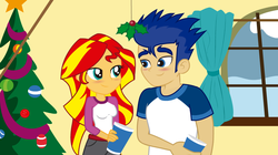 Size: 960x539 | Tagged: safe, artist:conikiblasu-fan, flash sentry, sunset shimmer, equestria girls, g4, clothes, holly, holly mistaken for mistletoe, male, ship:flashimmer, shipping, straight