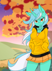 Size: 1280x1727 | Tagged: safe, artist:ambris, artist:flawlessvictory20, edit, lyra heartstrings, anthro, g4, breasts, cleavage, clothes, colored, curved horn, cute, cutie mark accessory, ear piercing, earring, female, hoodie, horn, implied lesbian, implied lyrabon, jewelry, lidded eyes, looking at you, lyrabetes, miniskirt, moe, necklace, piercing, pleated skirt, scenery, skirt, smiling, solo, thighs, tree, windswept mane