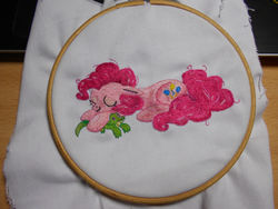 Size: 1960x1470 | Tagged: safe, artist:scheadar, gummy, pinkie pie, g4, craft, cute, daaaaaaaaaaaw, diapinkes, embroidery, photo, prone, sleeping, traditional art