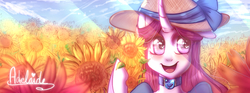 Size: 900x335 | Tagged: safe, artist:melodybell, oc, oc only, oc:adelaide, pony, choker, cottagecore, crepuscular rays, hat, smiling, solo, sunflower