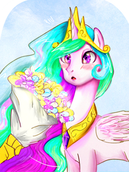 Size: 2448x3264 | Tagged: safe, artist:melodybell, discord, princess celestia, g4, twilight's kingdom, blushing, bouquet, high res, open mouth, scene interpretation