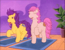 Size: 500x386 | Tagged: safe, screencap, bon bon (g1), patch (g1), earth pony, pony, bon bon's diary, g1, my little pony tales, animated, dolly zoom, exercise, eyes closed, female, frazzled, gif, happy, house plant, mare, mat, panting, plant, skipping, surprised, tongue out, trotting, trotting in place, zoom