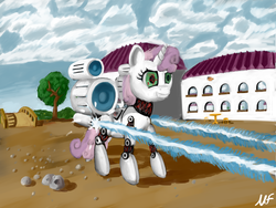 Size: 4000x3000 | Tagged: safe, artist:mrfays, sweetie belle, pony, robot, robot pony, unicorn, g4, bridge, building, energy weapon, female, filly, foal, high res, hooves, horn, laser, pebbles, rock, scenery, shooting, signature, smiling, solo, sweetie bot, teeth, traditional art, tree, weapon