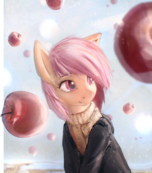 Size: 814x921 | Tagged: safe, artist:exeini, oc, oc only, pony, apple, clothes, coat, food, looking away, scarf, smiling, snow, snowfall, solo, turned head, winter, youtube link