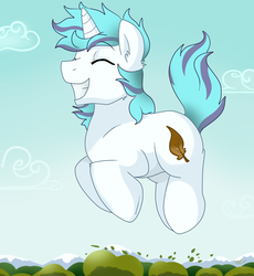Size: 1662x1807 | Tagged: safe, artist:pridark, oc, oc only, oc:snap fable, pony, unicorn, commission, cute, eyes closed, fluffy, giant pony, grin, happy, jumping, macro, male, mountain, pronking, smiling, solo, squee, tree