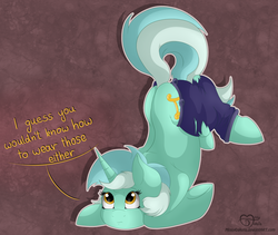 Size: 2250x1900 | Tagged: safe, artist:missydakota, lyra heartstrings, pony, unicorn, g4, clothes, commission, dialogue, face down ass up, female, pants, ripping clothes, signature, silly, silly pony, solo, text, tripping, underhoof