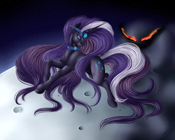 Size: 3600x2880 | Tagged: safe, artist:crazyaniknowit, idw, nightmare rarity, pony, g4, blue eyes, collar, colored pupils, crown, ethereal mane, evil eyes, female, flowing mane, flowing tail, gem, high res, horn, jewelry, looking at you, mare, moon, purple mane, realistic, regalia, shadow, smiling, smiling at you, solo, space, starry mane, starry tail, stars, tail