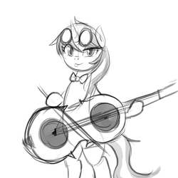 Size: 1000x1000 | Tagged: safe, artist:lumineko, dj pon-3, octavia melody, vinyl scratch, pony, g4, bipedal, bowtie, cello, female, fusion, glasses, monochrome, musical instrument, sketch, solo, tongue out