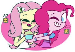 Size: 1280x898 | Tagged: safe, artist:psychodiamondstar, fluttershy, pinkie pie, equestria girls, g4, blushing, clothes, cupcake, cute, duo, duo female, emoji, eyes closed, female, food, grin, open mouth, shyabetes, smiling