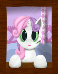 Size: 3193x4092 | Tagged: safe, artist:sirmortimeriii, sweetie belle, pony, robot, robot pony, unicorn, g4, female, filly, foal, high res, hooves, horn, looking at you, mirror, open mouth, reflection, solo, sweetie bot