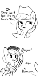 Size: 1280x2560 | Tagged: safe, artist:tjpones, applejack, oc, oc:pommejean, earth pony, pony, g4, applejack's hat, beret, black and white, clothes, comic, cowboy hat, dialogue, duo, female, french, grayscale, hat, hilarious in hindsight, lidded eyes, mare, monochrome, not applejack, open mouth, shirt, sigh, simple background, smiling, waving, white background