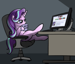 Size: 1045x899 | Tagged: safe, artist:duop-qoub, artist:lockerobster, color edit, edit, starlight glimmer, pony, unicorn, g4, /mlp/, 4chan, bags under eyes, best pony, chair, colored, computer, dark, desk, drinking, female, glimmerposting, hoof hold, hooves on the table, keyboard, leg fluff, lidded eyes, mare, missing cutie mark, monitor, mug, sitting, solo, tired