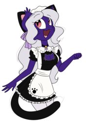 Size: 800x1136 | Tagged: safe, artist:dativyrose, oc, oc only, oc:silver lining, bat pony, anthro, anthro oc, apron, bell, bell collar, boob window, bow, breasts, cat ears, cat tail, cleavage, clothes, collar, dress, female, maid, ribbon, socks, solo, stockings, white socks