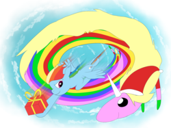 Size: 1843x1378 | Tagged: safe, artist:yinglung, rainbow dash, pegasus, pony, g4, adventure time, christmas, day, flying, hat, hearth's warming, holiday, lady rainicorn, looking at each other, male, present, rainicorn, santa hat, sky