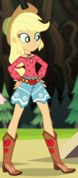 Size: 315x717 | Tagged: safe, screencap, applejack, equestria girls, g4, my little pony equestria girls: legend of everfree, belt, boho, boots, camp fashion show outfit, clothes, cowboy boots, cowboy hat, cropped, female, hat, shoes, shorts, solo