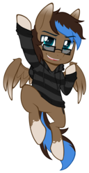 Size: 512x1000 | Tagged: safe, artist:higglytownhero, oc, oc only, oc:playthrough, pegasus, pony, clothes, cute, flying, glasses, hoodie, hoof in air, looking up, male, shoryuken, smiling, solo, spread wings, stallion