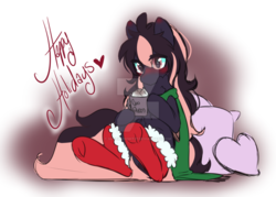 Size: 1024x733 | Tagged: safe, artist:silverknight27, oc, oc only, oc:silver rose, pegasus, pony, blushing, chest fluff, clothes, coffee, cup, female, happy holidays, mare, pillow, scarf, socks, solo, watermark