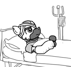 Size: 640x600 | Tagged: safe, artist:ficficponyfic, oc, oc only, pony, zebra, colt quest, adult, bandage, cast, gurney, hospital, injured, male, monochrome, pillow, solo, stallion, story included, upset