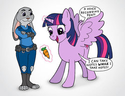 Size: 600x464 | Tagged: safe, artist:johnraptor, twilight sparkle, alicorn, pony, rabbit, g4, adorkable, carrot, crossover, cute, disney, dork, food, judy hopps, levitation, magic, pen, police, telekinesis, twilight sparkle (alicorn), yo dawg, zootopia