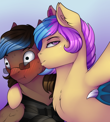 Size: 1876x2076 | Tagged: safe, artist:evehly, oc, oc only, oc:phyra, oc:playthrough, bat pony, pegasus, pony, blushing, cheek kiss, chest fluff, clothes, embarrassed, folded wings, gay, glasses, hoodie, kissing, looking at you, looking away, male, nerd, oc x oc, scrunchy face, selfie, shipping, wide eyes