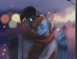 Size: 2560x1960 | Tagged: safe, artist:orfartina, oc, oc only, pegasus, pony, clothes, male, scarf, shared clothing, shared scarf, stallion