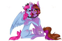 Size: 1024x683 | Tagged: safe, artist:jgreti, oc, oc only, oc:noty serdtsa, oc:symphony diamond, pegasus, pony, unicorn, bowtie, colored pupils, female, hug, mare, simple background, white background