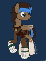 Size: 1200x1600 | Tagged: safe, artist:casualcolt, oc, oc only, oc:playthrough, pegasus, pony, adventure, bone, coat markings, controller, leather armor, looking away, male, smiling, socks (coat markings), solo, stallion, straps