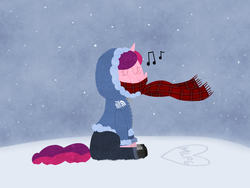 Size: 800x600 | Tagged: safe, artist:elslowmo, oc, oc only, oc:marker pony, pony, 4chan, clothes, mlpg, music notes, scarf, snow, solo, winter