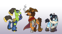 Size: 1280x706 | Tagged: safe, artist:calicopikachu, earth pony, pony, unicorn, cigar, cowboy hat, crossed hooves, glasses, gradient background, gray background, hat, jesse mccree, lucio, mei, overwatch, ponified, simple background, trio, video game, visor