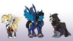 Size: 1280x723 | Tagged: safe, artist:calicopikachu, pegasus, pony, unicorn, armor, artificial wings, augmented, gradient background, gray background, mechanical wing, mercy, overwatch, pharah, ponified, power armor, reaper (overwatch), simple background, trio, video game, wings