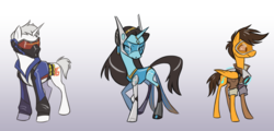 Size: 1280x615 | Tagged: safe, artist:calicopikachu, pegasus, pony, unicorn, gradient background, gray background, overwatch, ponified, simple background, soldier 76, symmetra, tracer, trio, video game, visor