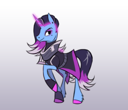 Size: 900x775 | Tagged: safe, artist:calicopikachu, pony, unicorn, augmented, colored hooves, glowing horn, gradient background, gray background, horn, overwatch, ponified, raised hoof, simple background, solo, sombra (overwatch), unshorn fetlocks, video game