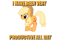 Size: 300x200 | Tagged: source needed, useless source url, safe, applejack, earth pony, pony, g4, animated, blatant lies, caption, female, gif, gif with captions, i have done nothing productive all day, image macro, meme, motivational, productive, simple background, solo, subverted meme, transparent background, trotting