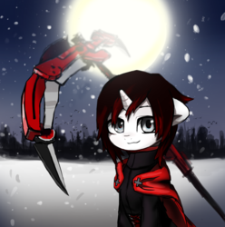 Size: 1350x1363 | Tagged: safe, artist:inowiseei, pony, unicorn, female, mare, moon, night, ponified, ruby rose, rwby, scythe, snow, solo