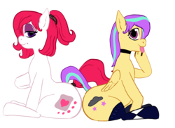 Size: 2611x1897 | Tagged: safe, artist:tacodeltaco, derpibooru exclusive, oc, oc only, oc:marshmallow, oc:star shower, earth pony, pegasus, pony, 2017 community collab, derpibooru community collaboration, beauty mark, choker, clothes, collar, female, hair tie, lidded eyes, looking at you, mare, ponytail, profile, simple background, sitting, smiling, socks, tail wrap, tongue out, transparent background, underhoof