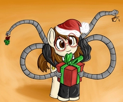 Size: 1024x842 | Tagged: safe, artist:parassaux, oc, oc only, oc:gadgette fabienne giroux, pony, fanfic:the iron horse: everything's better with robots, bell, christmas, clothes, fanfic, fanfic art, female, gift giving, glasses, hat, holly, looking at you, mare, mechanical hands, present, santa hat, simple background, solo, tentacles